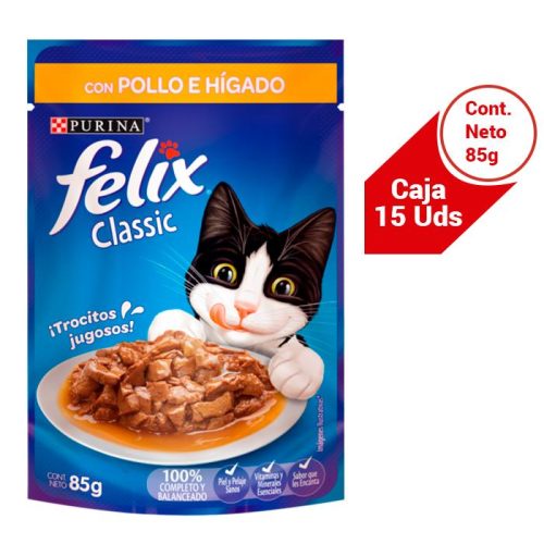 CAJA SACHET FELIX CLASSIC CON POLLO E HIGADO 15 X 85 G